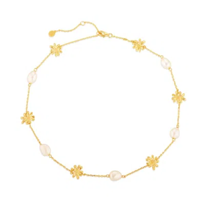 Lulu B London Women's White Daisy Flower & Pearl Gold Chain Necklace