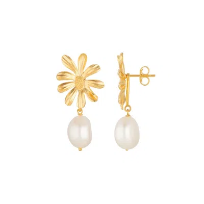Lulu B London Women's White Daisy Flower & Pearl Gold Stud Drop Earrings