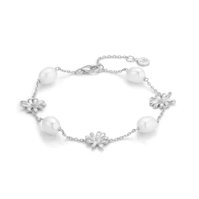 Lulu B London Women's White Daisy Flower & Pearl Silver Chain Bracelet