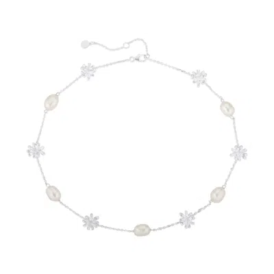 Lulu B London Women's White Daisy Flower & Pearl Silver Chain Choker Necklace
