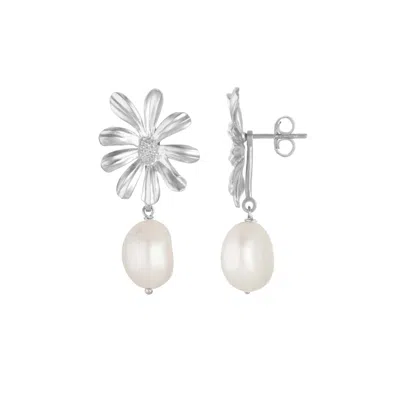 Lulu B London Women's White Daisy Flower & Pearl Silver Stud Drop Earrings
