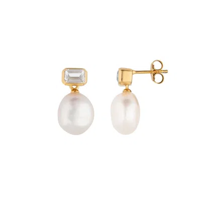 Lulu B London Women's White Pearl Drop Stud Gold Earrings With Baguette Cubic Zirconia