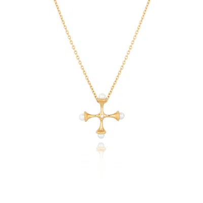 Lulu B London Women's White Small Gold Pearl Cross Necklace With Cubic Zirconia