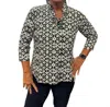 Lulu-b Ruffle Swirl 3/4 Sleeve Top In Black & White Flower In Black