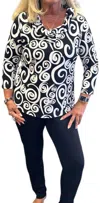 Lulu-b Ruffle Swirl Long Sleeve Top In Black & White Swirl In Black