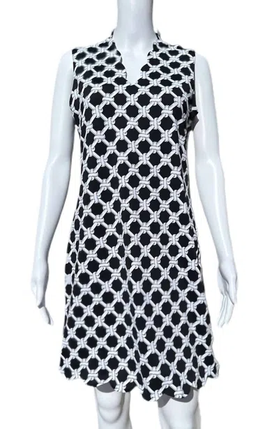 Lulu-b Sleeveless Scallop Neckline Dress With Upf 50+ In Black & White Knots In Blue
