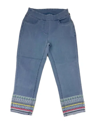 Lulu-b Women's Tropical Embroidered Hemline Capri Pant In Denim In Blue