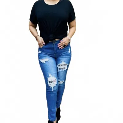 Lulu Clothes Sequin Patch Distressed Skinny Jeans In Denim In Multi