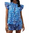 Lulu Floral Cap Sleeve Top In Light Blue White In Blue