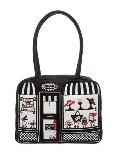 Pre-owned Lulu Guinness Canvas Shoulder Bag Vintage In Black