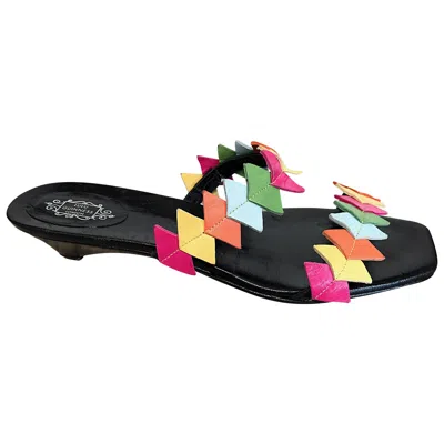 Pre-owned Lulu Guinness New 1990s  Size 38 / 8 Kitten Heel Colorful Vintage Sandals Shoes In Black