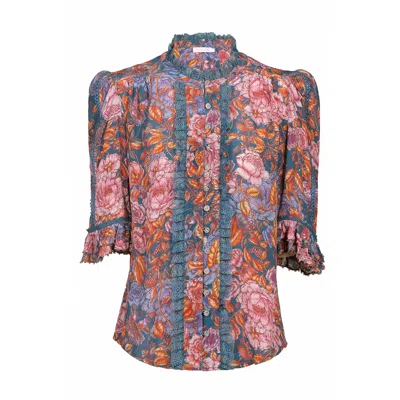 Lulu Zagame Women's Blue / Pink / Purple Beaded Sleeve Blouse In Turquoise Flower In Blue/pink/purple