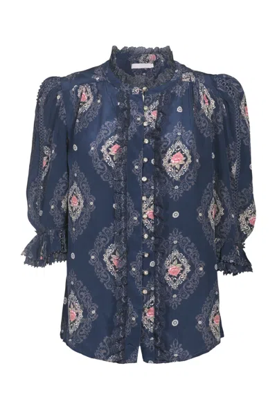 Lulu Zagame Women's Pink / Purple Beaded Sleeve Blouse Navy Diamond & Navy Patchwork In Pink/purple