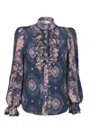 Lulu Zagame Women's Pink / Purple Ruffle Blouse In Navy Diamond & Navy Patchwork In Pink/purple