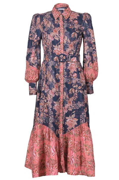 Lulu Zagame Women's Pink / Purple Trench Maxi Dress In Pink Vine & Navy Patchwork In Pink/purple