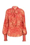 Lulu Zagame Women's Yellow / Orange / Red Sash Tie Blouse In Peach Bouquet In Yellow/orange/red