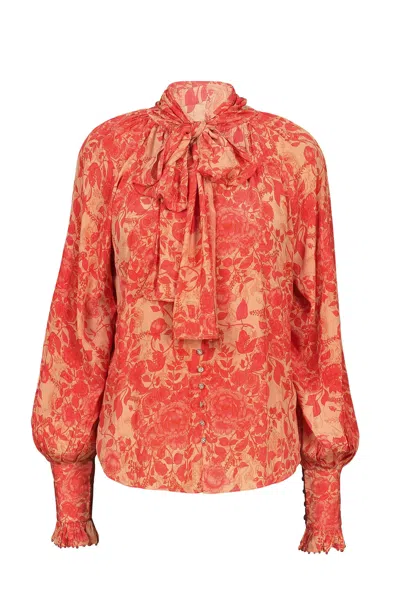 Lulu Zagame Women's Yellow / Orange / Red Sash Tie Blouse In Peach Bouquet In Yellow/orange/red