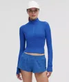 Lululemon It's Rulu Ribbed Cropped Half Zip In Blue