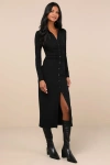 LULUS A LITTLE PREP BLACK BUTTON-UP BODYCON MIDI DRESS