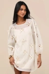 Lulus Aamira Cream Embroidered Bow Blouson Sleeve Shift Mini Dress In White