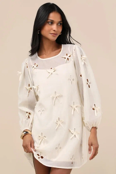 Lulus Aamira Cream Embroidered Bow Blouson Sleeve Shift Mini Dress In White