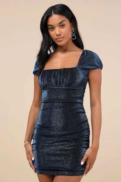 Lulus Absolute Radiance Sparkly Blue Ruched Puff Sleeve Mini Dress