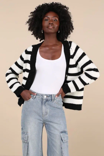 Lulus Absolutely Cozy Black And White Striped Oversized Cardigan
