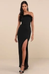 Lulus Absolutely Fabulous Black Feather Trim Strapless Column Maxi In Black