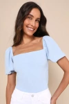 Lulus Abundance Of Love Blue Textured Puff Sleeve Tie-back Bodysuit In Blue
