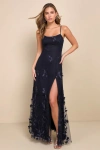 Lulus Abundant Charm Navy Blue 3d Floral Applique Maxi Dress In Navy Blue