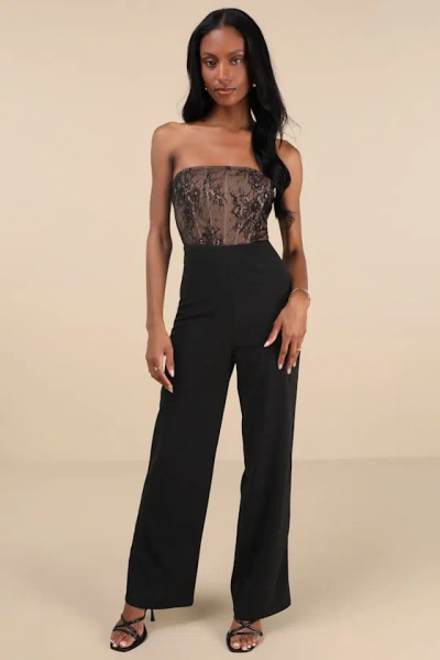 Lulus Adannaya Black Lace Strapless Bustier Jumpsuit