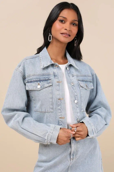 Lulus Adaya Light Wash Cropped Denim Jacket In Blue