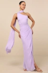 Lulus Adeline Lavender One-shoulder Scarf Maxi Dress In Purple