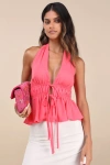 Lulus Adelita Coral Pink Tie-front Halter Peplum Top