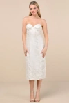 Lulus Adena White Jacquard Strapless Bustier Midi Dress In White