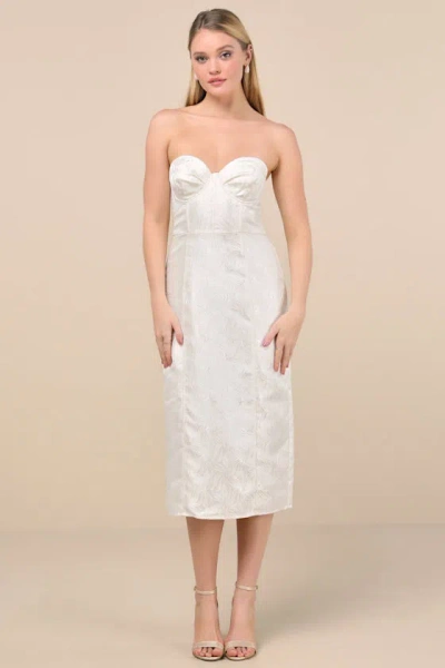 Lulus Adena White Jacquard Strapless Bustier Midi Dress