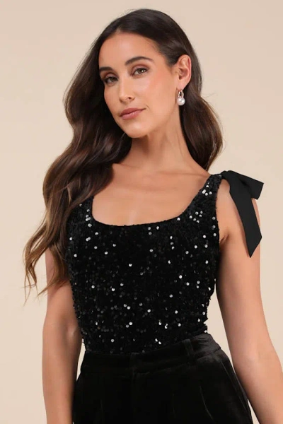 Lulus Adept Allure Black Velvet Sequin Tie-strap Bodysuit