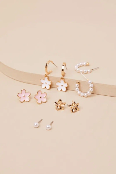 Lulus Adhara Gold And Pearl Floral Five-piece Earring Set