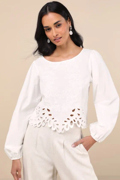 Lulus Adjoa White Embroidered Scalloped Blouson Sleeve Top
