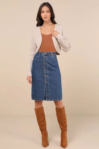 Lulus Admirable Attitude Medium Wash Denim Button-front Midi Skirt In Blue
