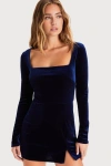 Lulus Admirable Aura Navy Blue Velvet Long Sleeve Skort Romper In Navy Blue