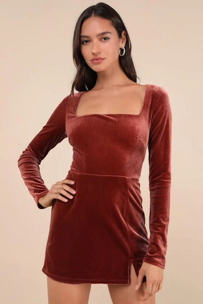 Lulus Admirable Aura Rust Velvet Long Sleeve Skort Romper In Orange