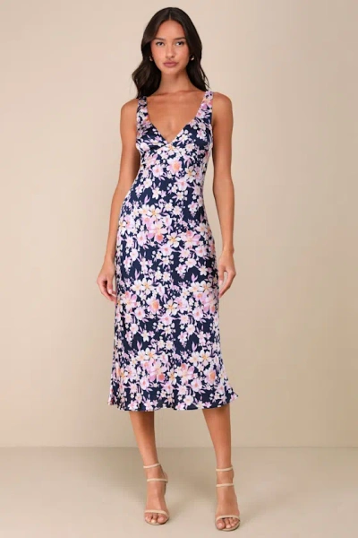 Lulus Admirable Charmer Navy Blue Floral Satin Tie-back Midi Dress