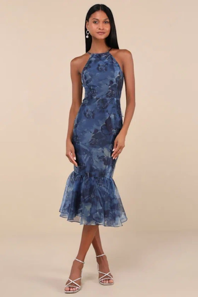 Lulus Admirable Essence Navy Blue Floral Organza Trumpet Midi Dress