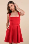 Lulus Admirably Chic Red Satin Lace-up Mini Dress With Pockets In Red