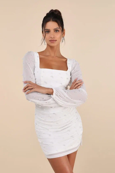 Lulus Admirably Divine White Mesh Pearl Long Sleeve Mini Dress