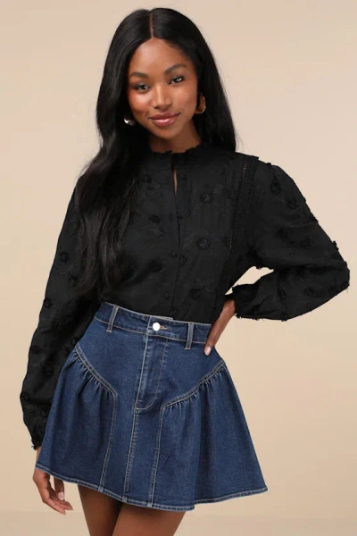 Lulus Admired Effect Black Embroidered Button-up Top