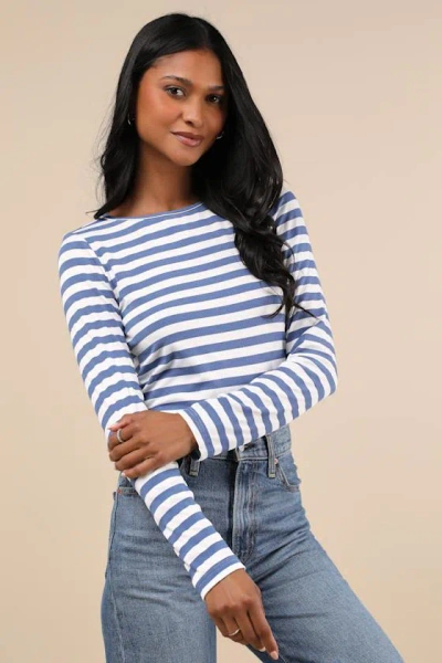 Lulus Admired Impression Ivory And Blue Striped Long Sleeve Crop Top