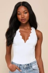 Lulus Admired Poise White Scalloped V-neckline Sleeveless Bodysuit In White