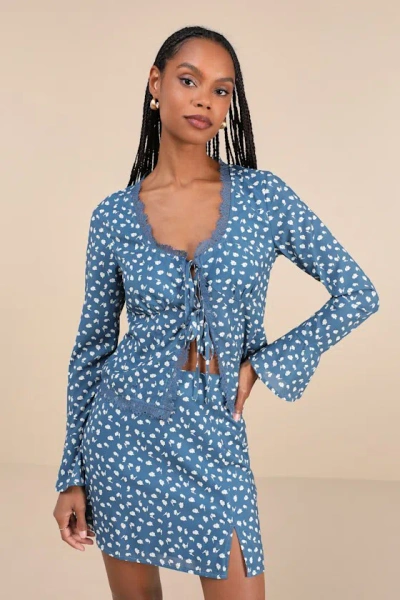 Lulus Adorable Composure Blue Floral Lace Tie-front Long Sleeve Top